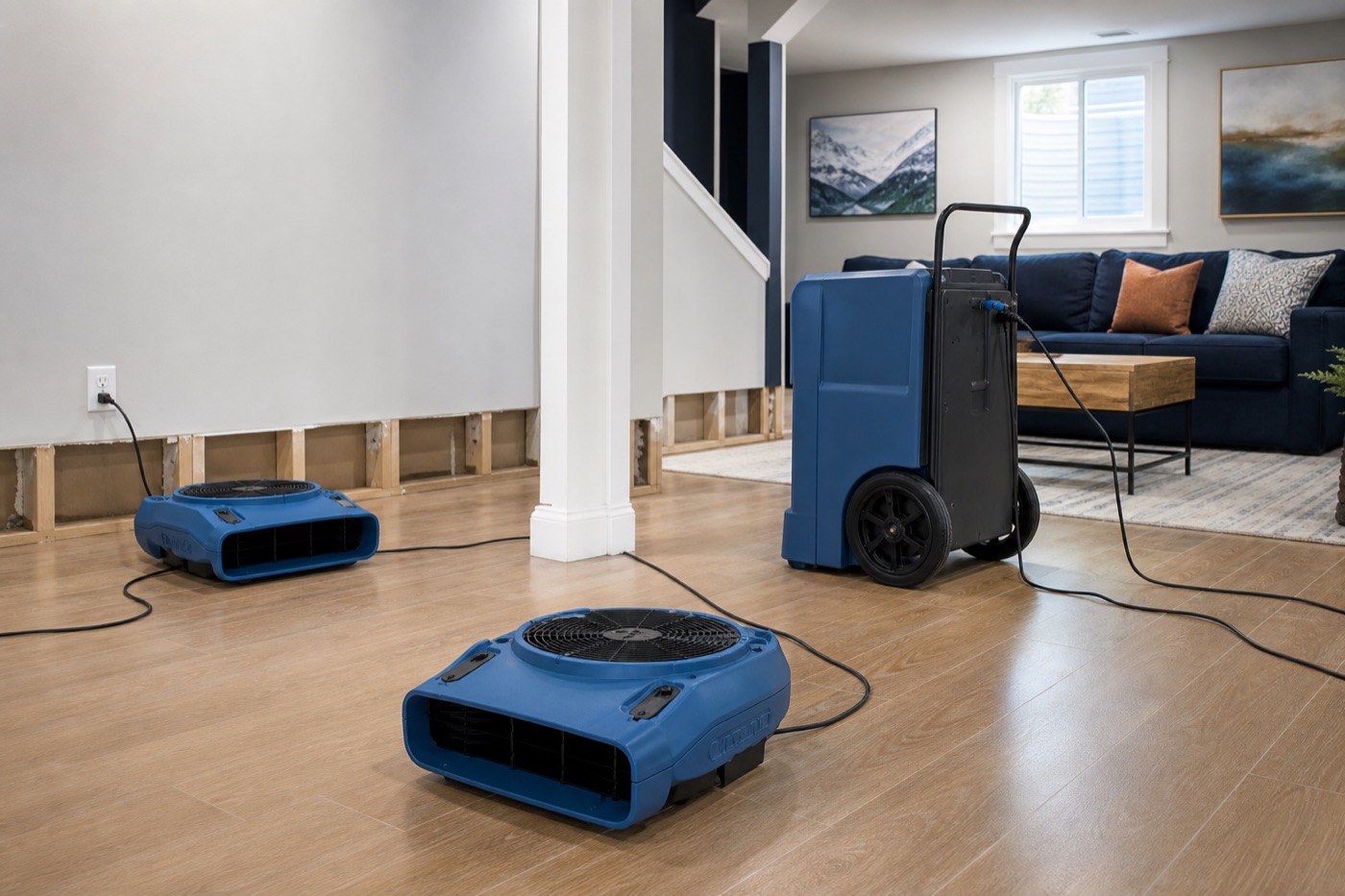 Illustrative organized structural drying setup with air movers and a dehumidifier